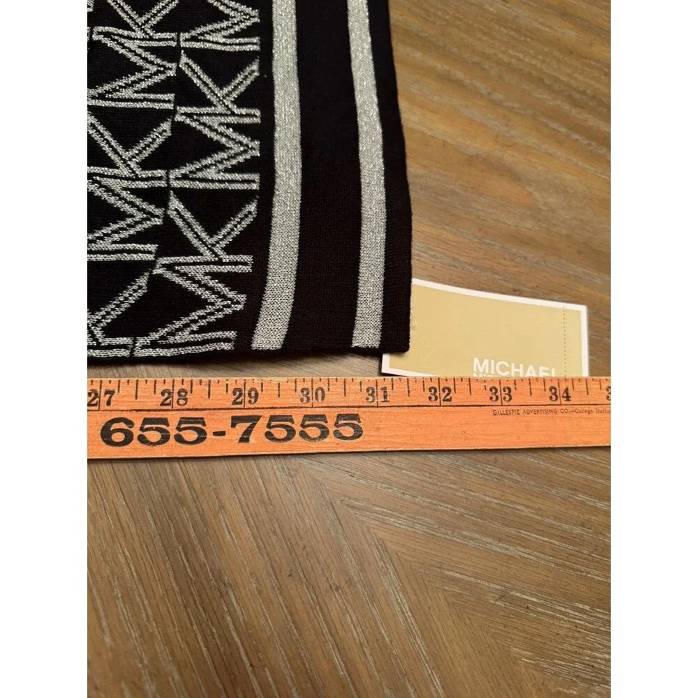 Michael Kors 62” Knit Scarf Black Silver Reversible MK Logo Monogram New $58